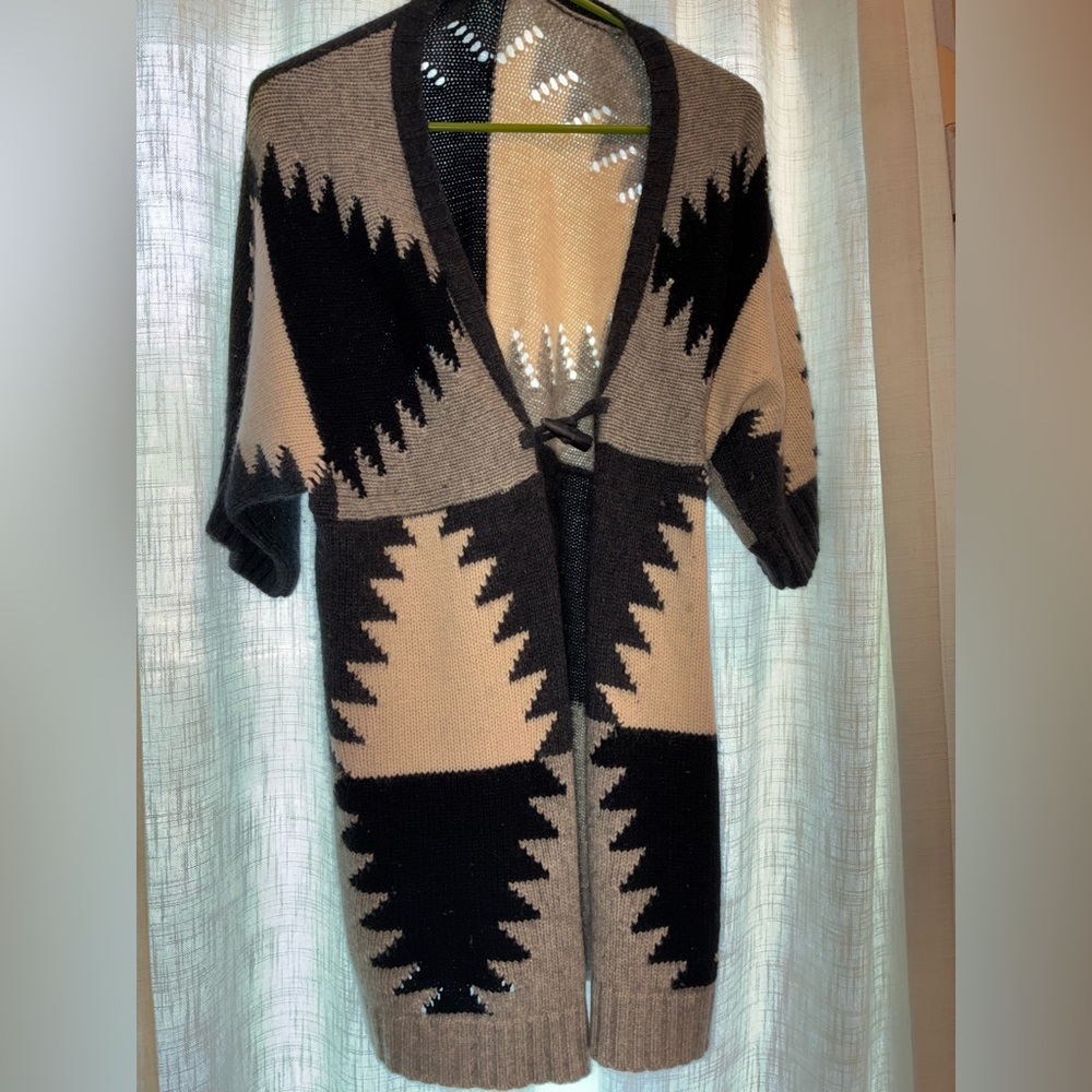 Lord & Taylor Black and Tan Geometric Wool Knit Cardigan
